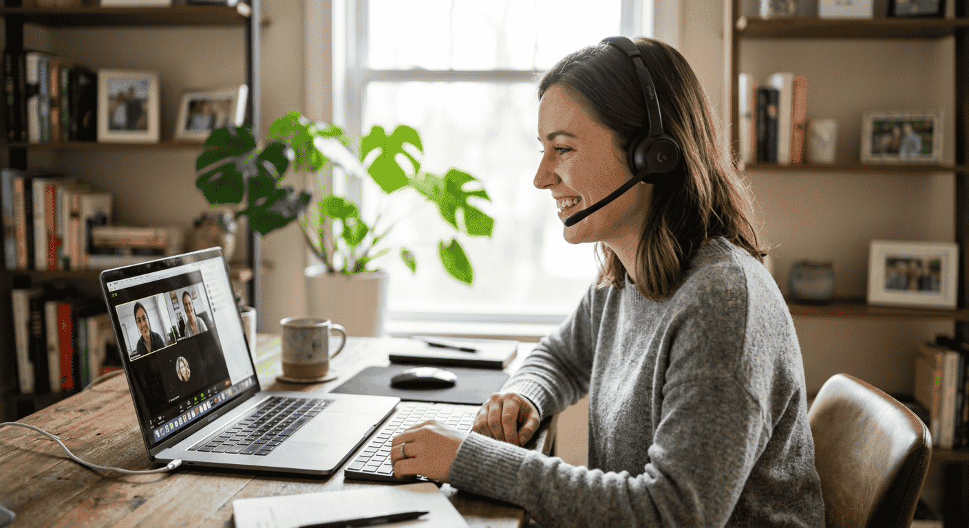 Apprenante en visioconférence avec son casque audio